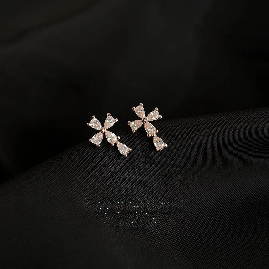 Copper Micro Pave Zircon Mini Cross Stud Earrings Minimalist Geometric Jewelry