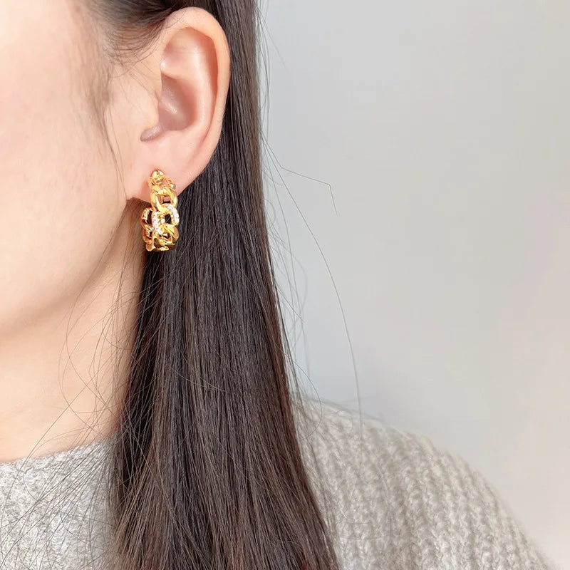 Luxury Gold Alloy Chain Hoop Spiral Stud & Clip On No Piercing Rhinestone Statement Earrings