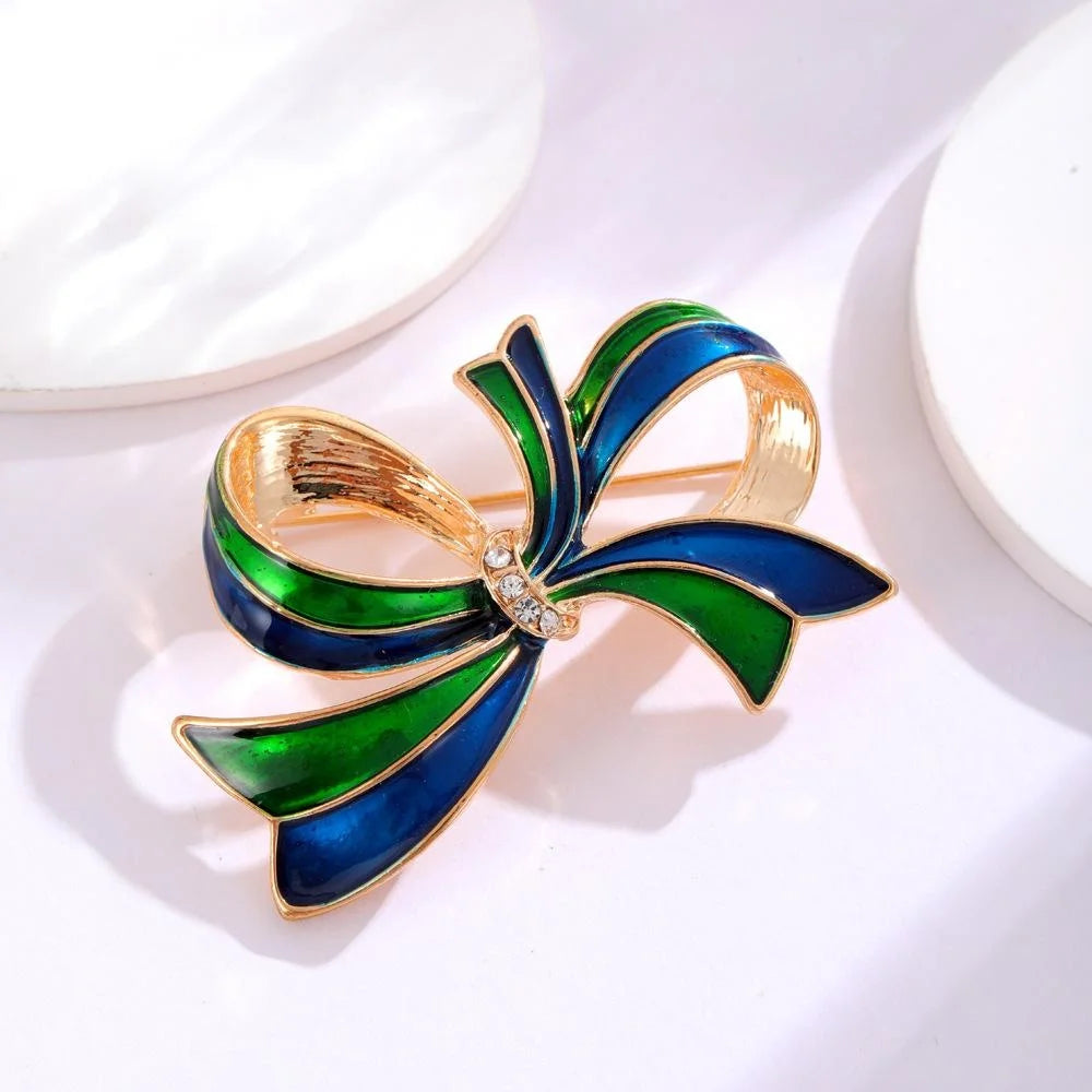 Vintage Blue Green Enamel Bow Brooch With Rhinestone Accent, Elegant Alloy Lapel Pin Suit Accessory Gift