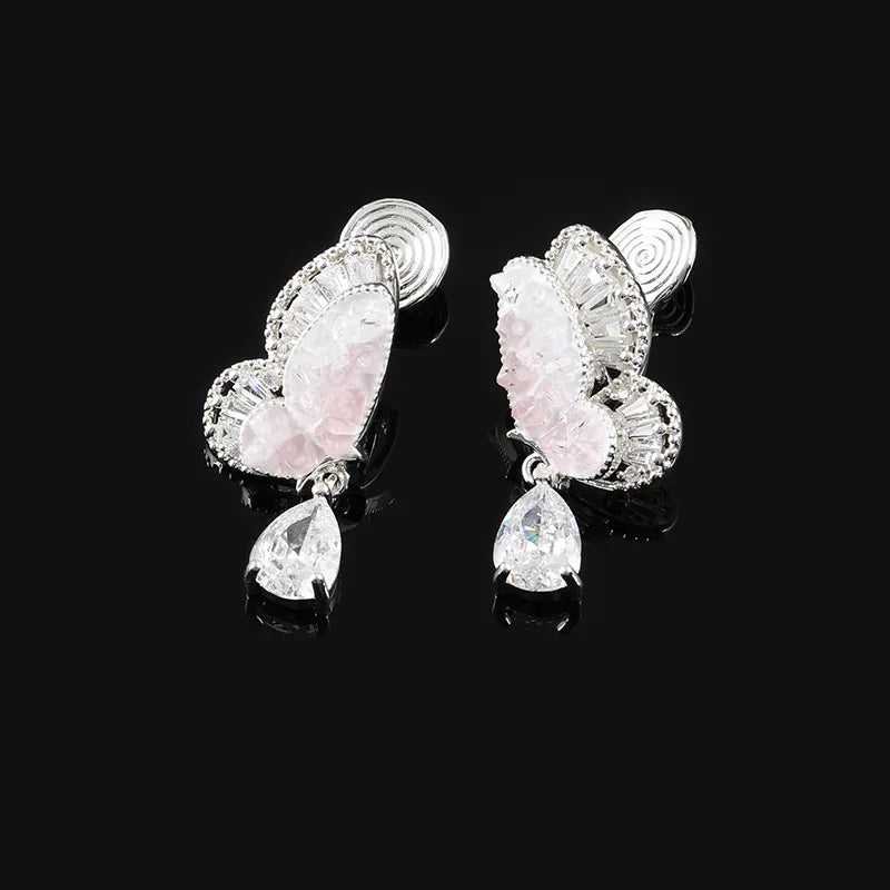 Luxury Double Layer Pink Butterfly Crystal Rhinestone Drop Stud & Clip On No Piercing Earrings