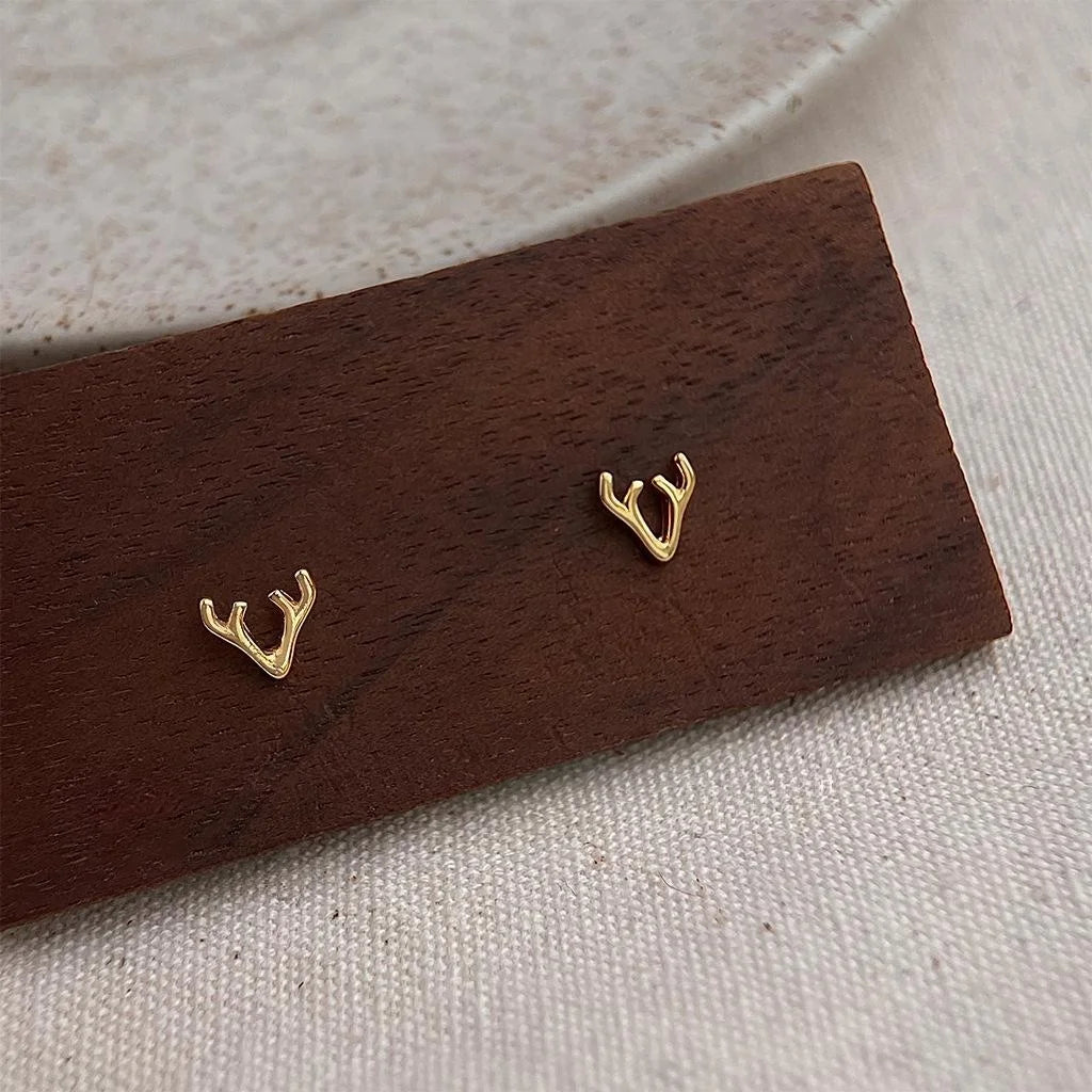 14K Gold Plated Copper Mini Deer Antler Stud Earrings, Cute Christmas Animal Jewelry