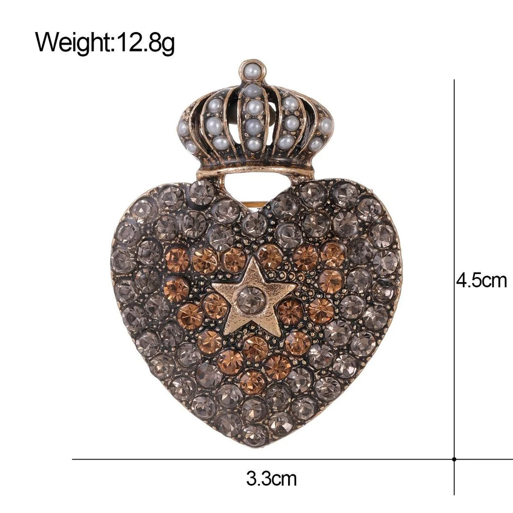 Vintage Heart Crown Brooch With Rhinestone Star And Pearl Accents, Elegant Alloy Lapel Pin Suit Accessory