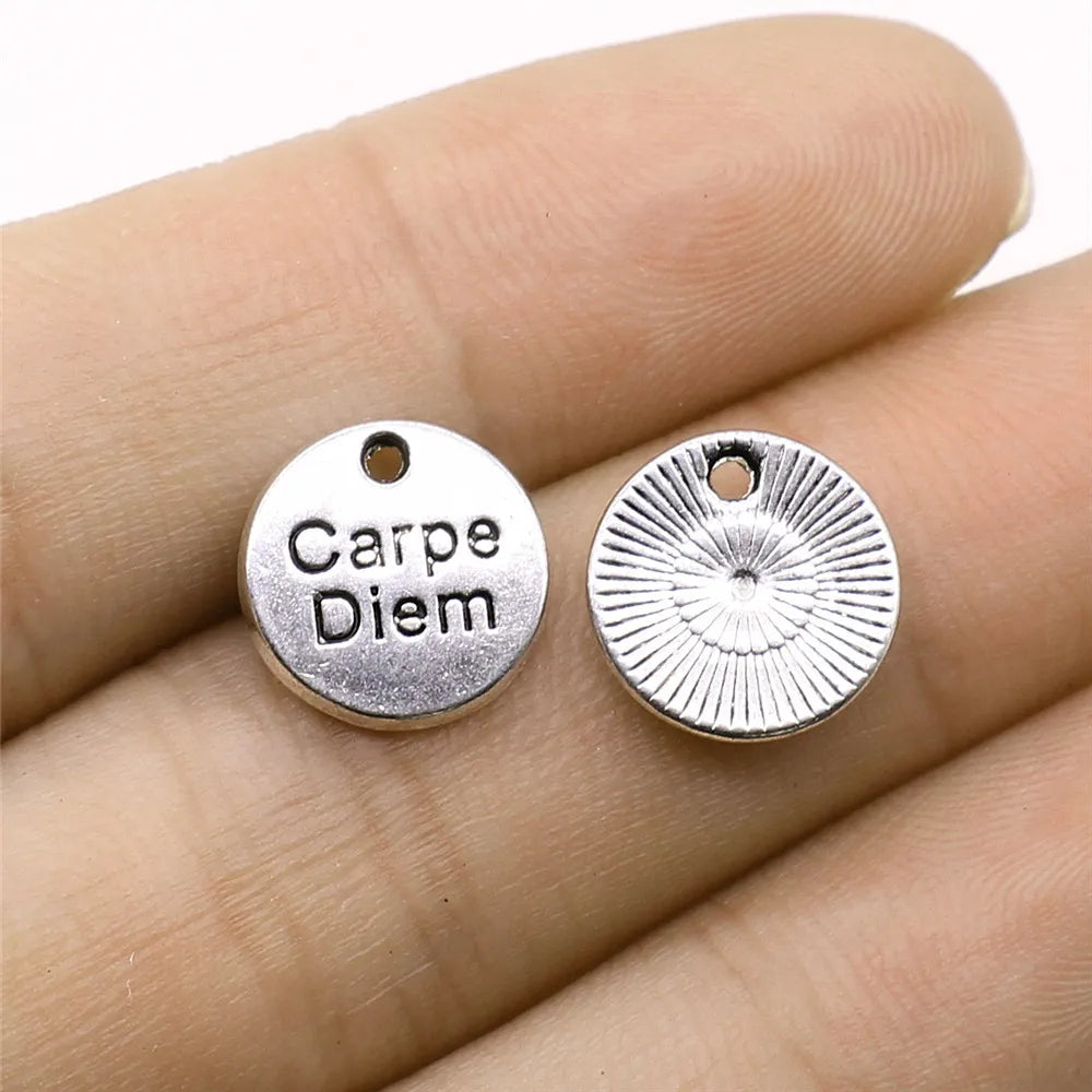 12x12mm 1.1g Zinc Alloy Round Carpe Diem Tag Letter Charm Pendant for DIY Necklace Bracelet Making