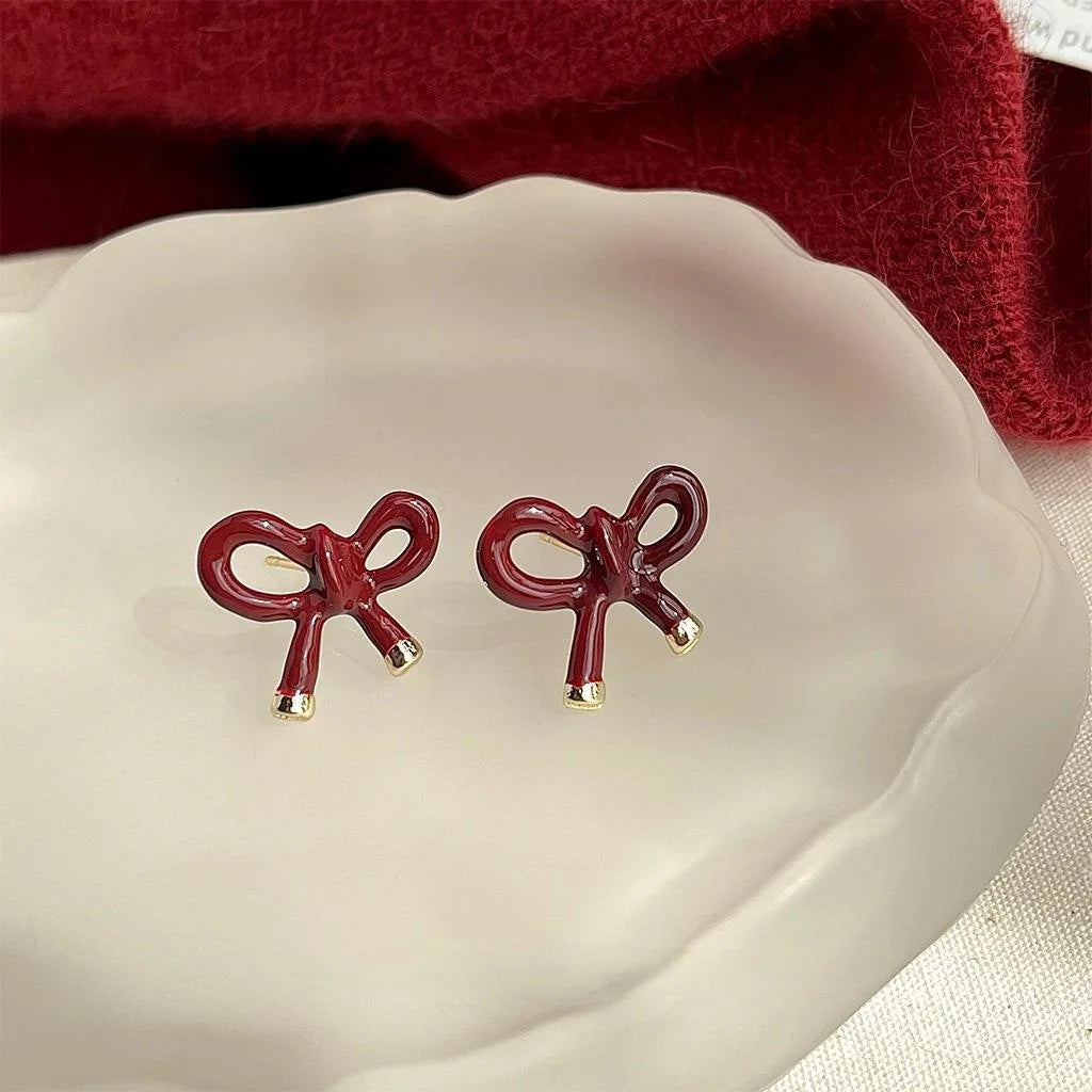 14K Gold Plated Copper Burgundy Enamel Bow Stud Earrings For Women High-End Fashion Jewelry