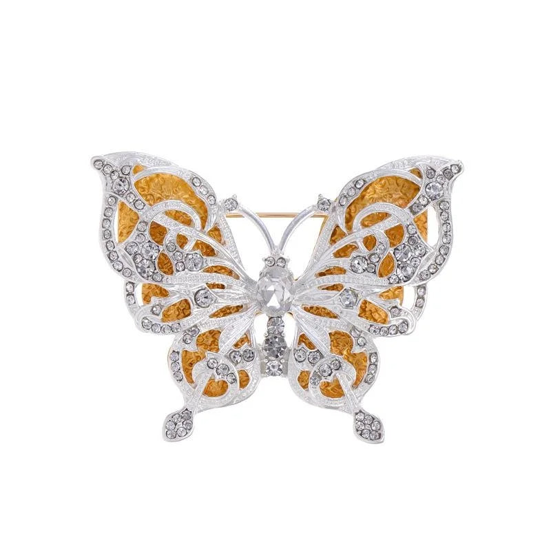 Elegant Double Layer Butterfly Brooch With White Rhinestones And Gold Enamel, Luxury Lapel Pin Corsage Gift