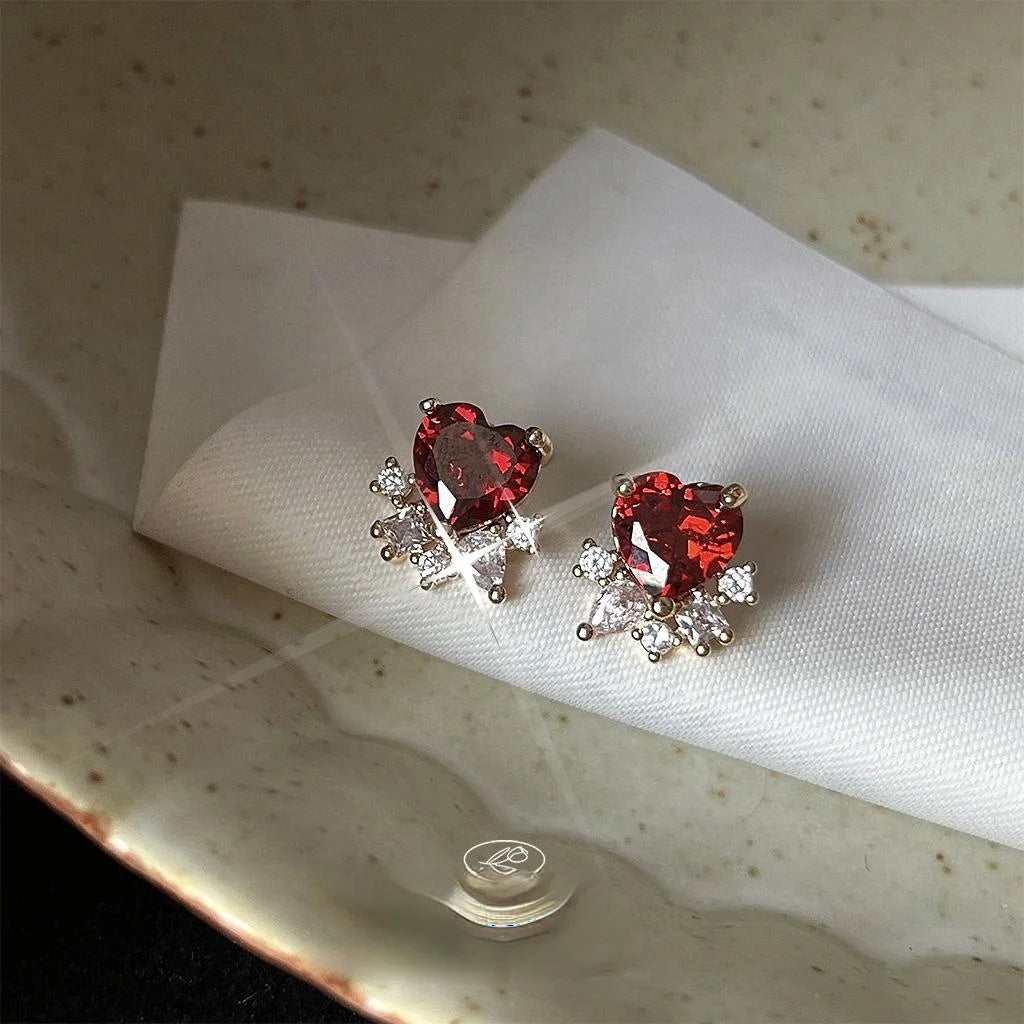 French Style 14K Gold Plated Copper Heart Micro Pave Zircon Stud Earrings