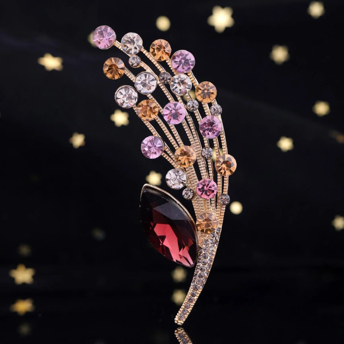 Luxury Leaf Spray Rhinestone Alloy Brooch With Red Crystal, Elegant Lapel Pin Corsage Suit Accessory