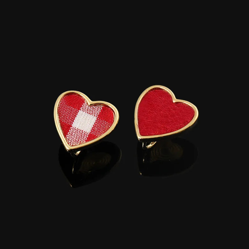 Elegant Asymmetric Red Heart Plaid Alloy Stud & Clip On No Piercing Valentine's Fashion Earrings