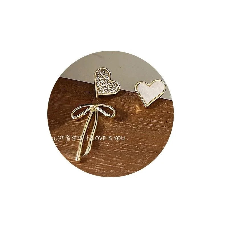 14K Plated Copper Micro Pave Zircon Asymmetric Heart Bow Stud Earrings Sweet Jewelry