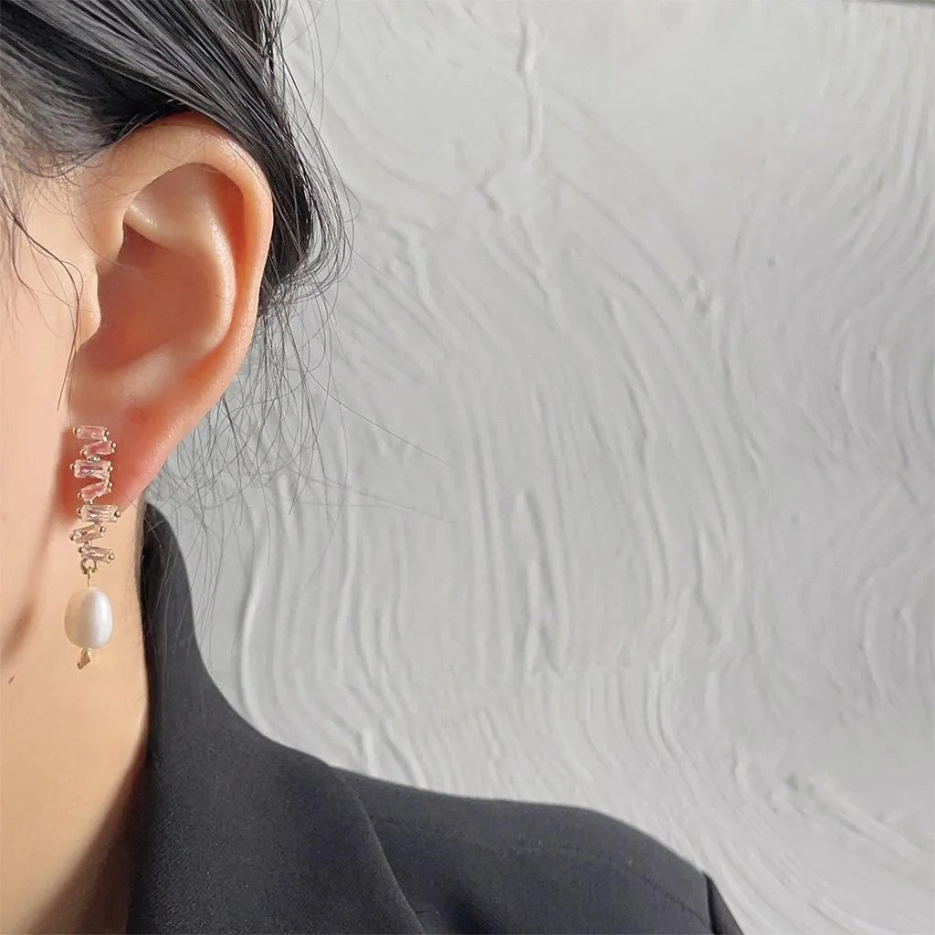 14K Gold Plated Copper Long Line Stud Earrings With Micro Pave Zircon Freshwater Pearl