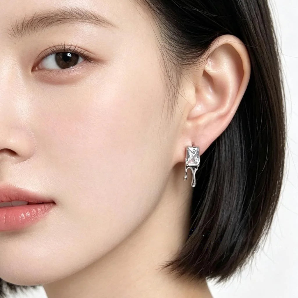 Geometric Sugar Cube Zircon Copper Stud Earrings Liquid Lava Waterdrop Sweet Cool Minimalist Jewelry