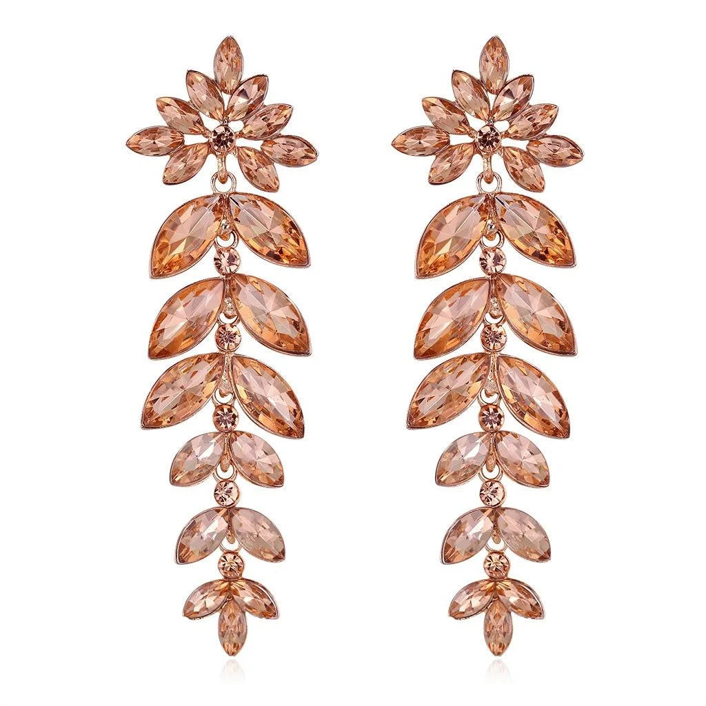 Elegant Long Tassel Crystal Leaf Flower Alloy Rhinestone Earrings For Bridal Wedding Party Banquet