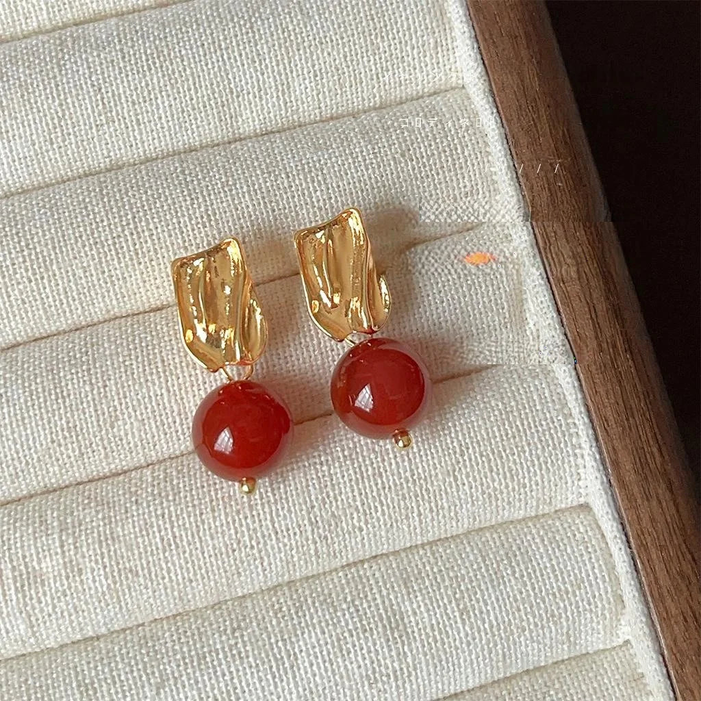 French Vintage 14K Gold Plated Copper Green Agate Irregular Geometric Drop Earrings
