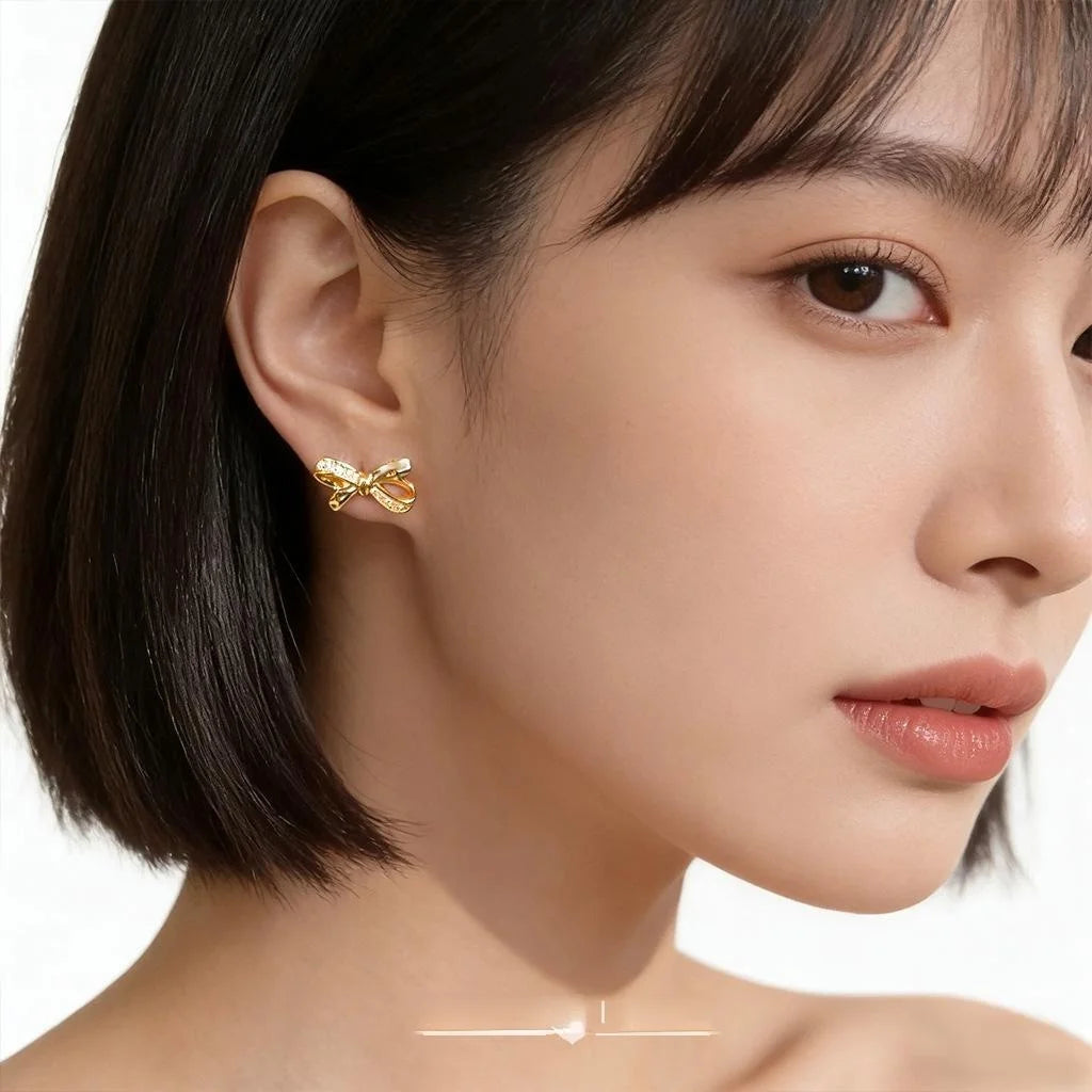 Light Luxury Micro Pave Zircon Bow Stud Earrings Copper Star Accent