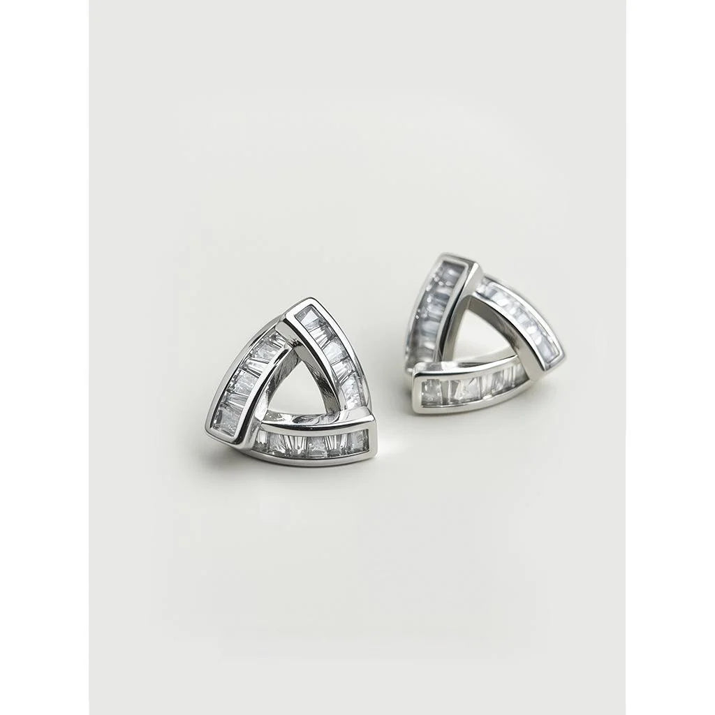 Luxury Micro Pave Zircon Copper Stud Earrings Silver Plated Geometric Hollow Triangle Design