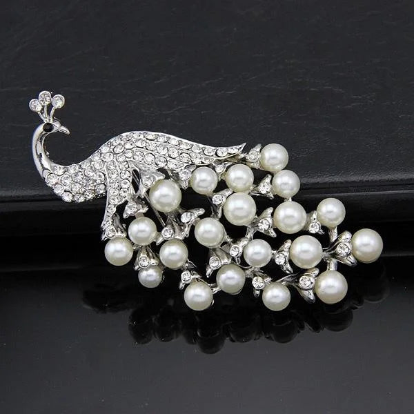 Elegant 18K Gold Plated Peacock Brooch With White Faux Pearls And Rhinestones, Luxury Lapel Pin Gift