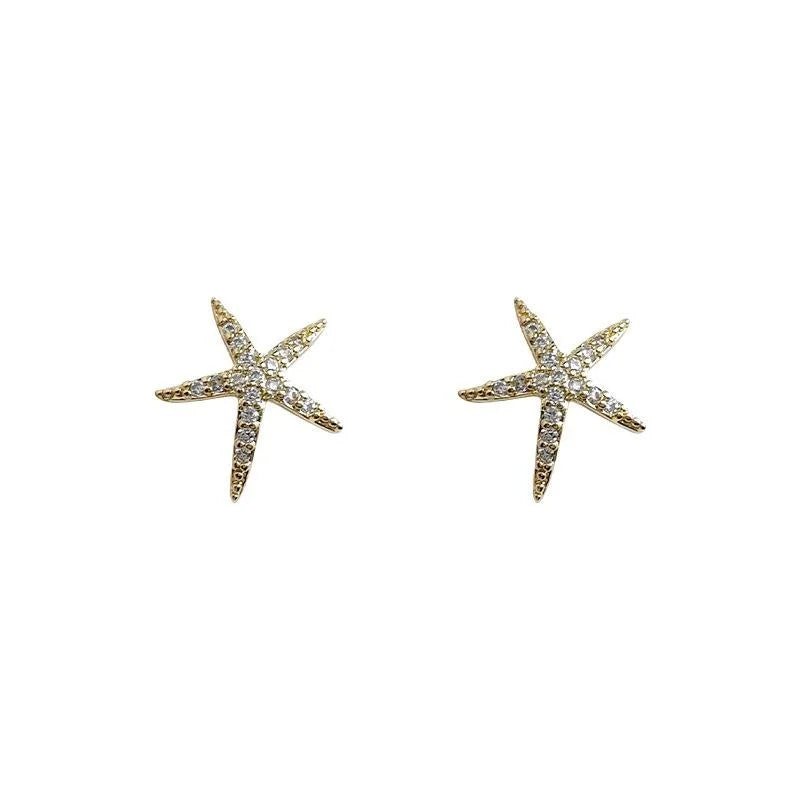 Cute Starfish Micro Pave Zircon 14K Plated Copper Stud Earrings With Silver Plated Pins