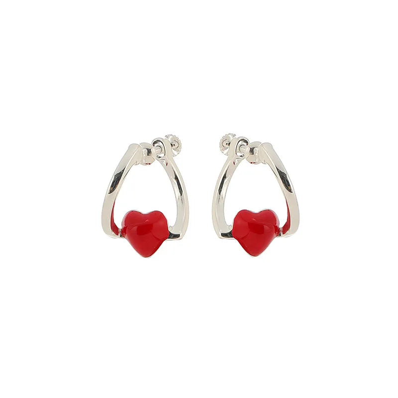 Elegant Red Enamel Heart Hoop Stud & Clip On No Piercing Silver Alloy Screw Back Women's Earrings