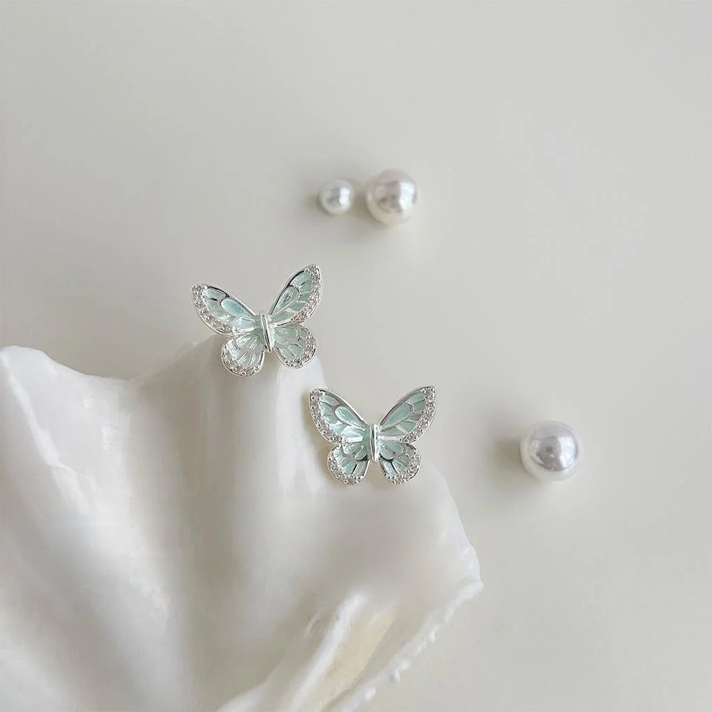Sweet Mint Green Enamel Butterfly Stud Earrings Copper Micro Pave Zircon Jewelry