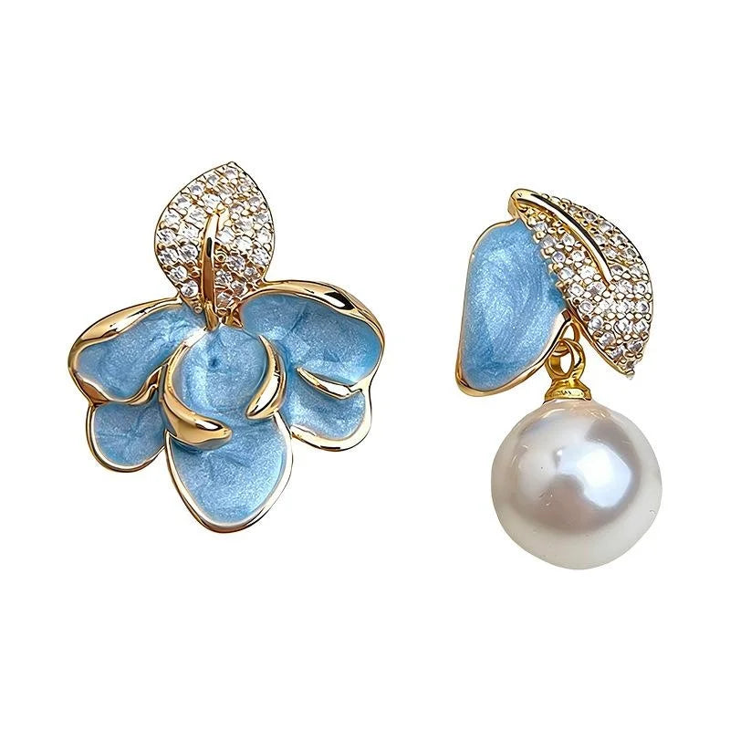 Chic Asymmetric Floral Copper Drop Earrings With Enamel Petals, Zircon Pave And Glass Pearl