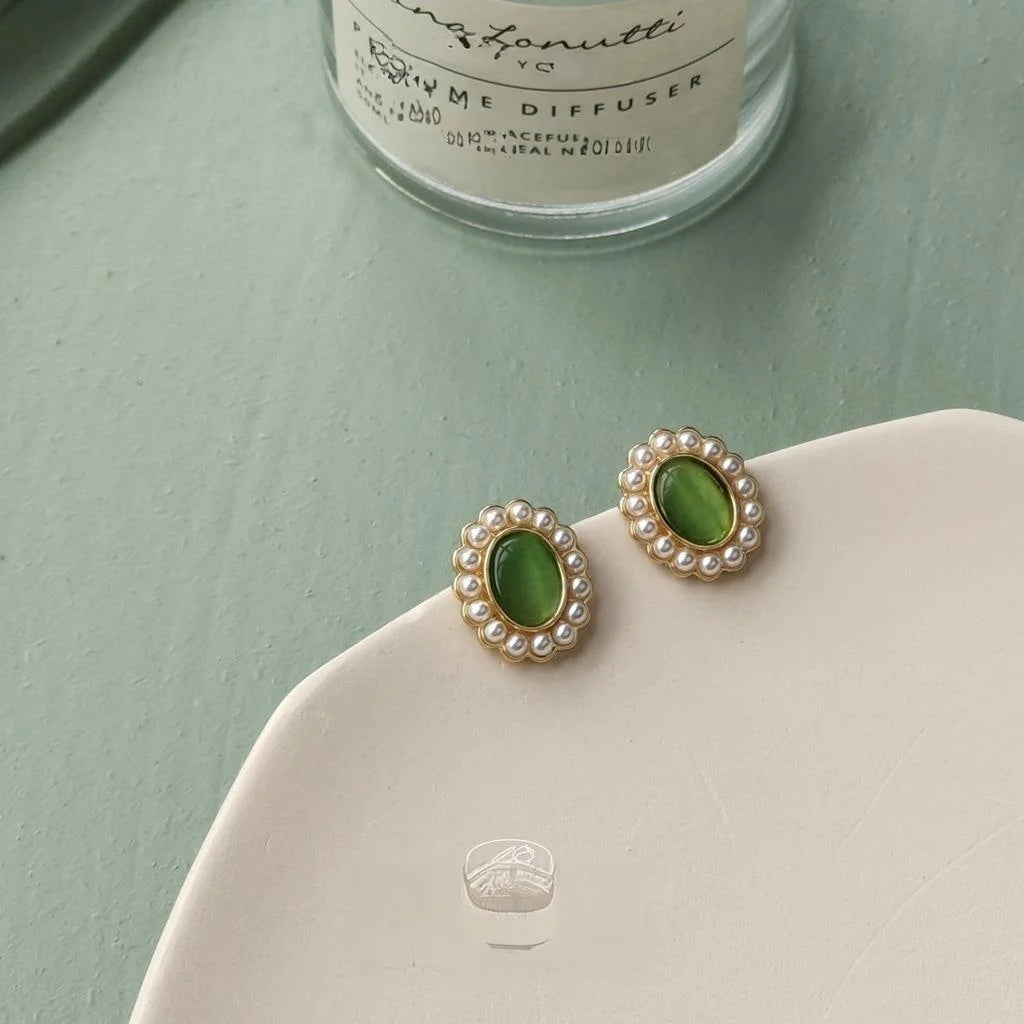 French Romantic Oval Glass Cat Eye Stone Stud Earrings 14K Plated Forest Style