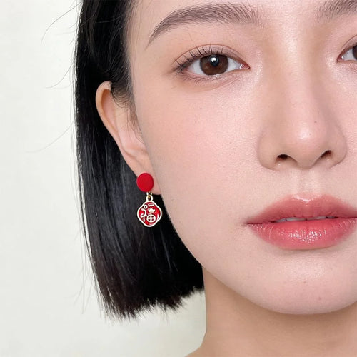 New Year Guochao Flocked Enamel Geometric Pom Pom Drop Earrings