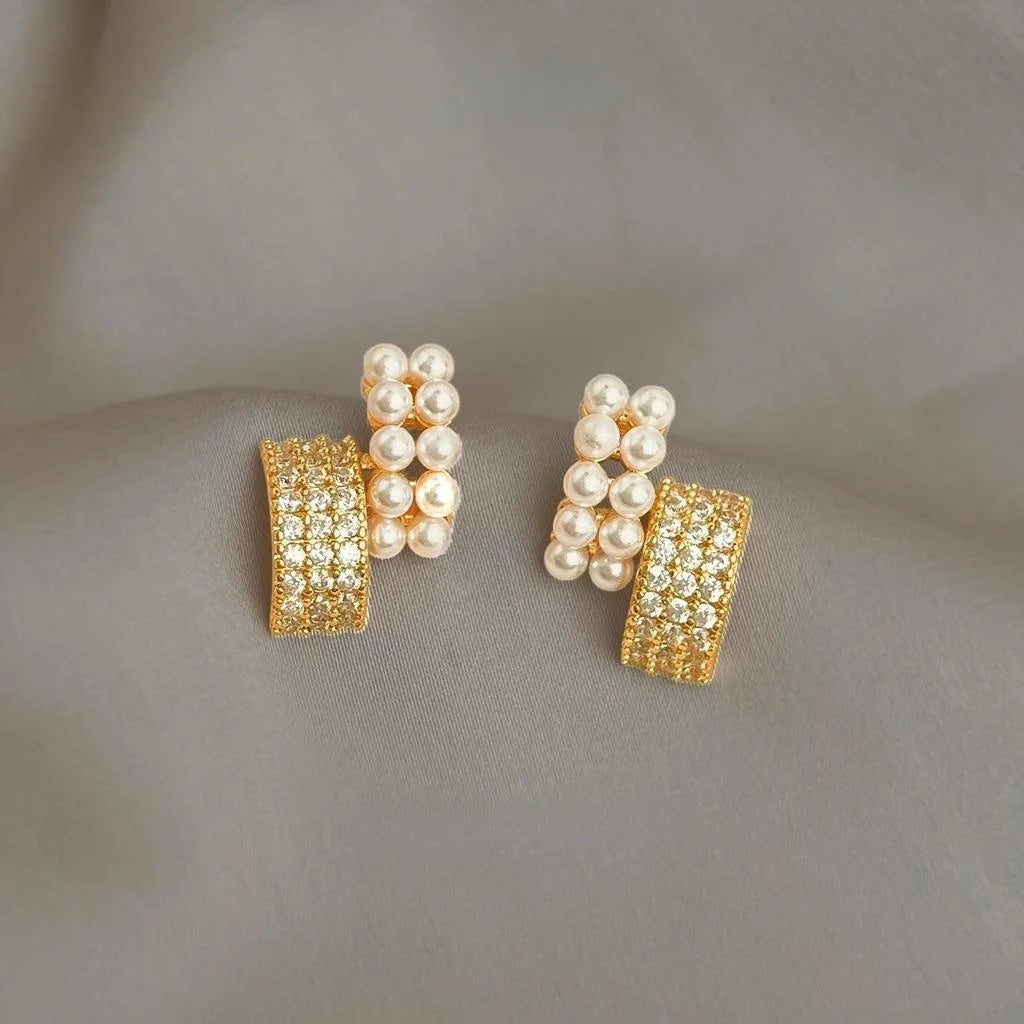 14K Gold Plated Copper Geometric Square Pearl Zircon Stud Earrings For Women Light Luxury