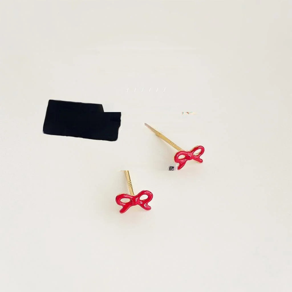 Red Enamel Mini Bow Stud Earrings Copper Simple Commuter Jewelry