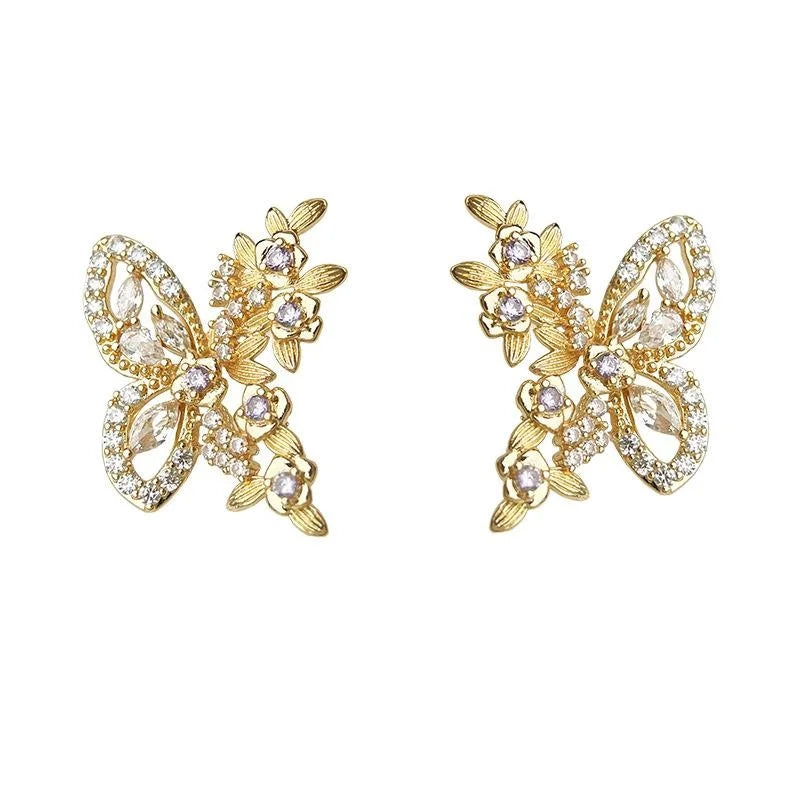 14K Gold Plated Copper Micro Pave Zircon Butterfly Flower Stud Earrings Sweet Chic