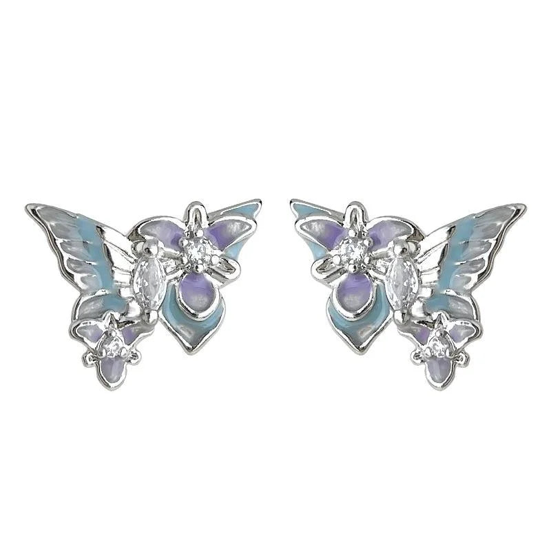 Forest Style Colorful Enamel Butterfly Stud Earrings In Copper With Micro Pave Zircon And Silver Plated Pins