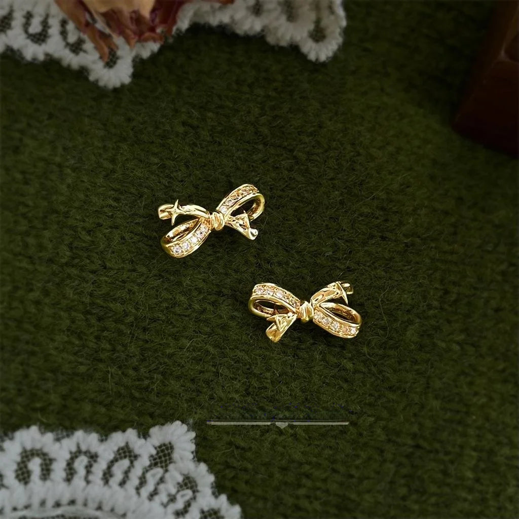 Light Luxury Micro Pave Zircon Bow Stud Earrings Copper Star Accent