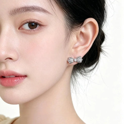 Micro Pave Zircon Copper Bow Stud Earrings Sweet Hollow 3D Minimalist Fashion Jewelry