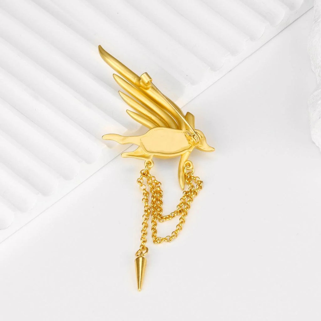 Luxury Gold Alloy Phoenix Wing Brooch With Red Rhinestone And Chain Tassel, Elegant Lapel Pin Gift