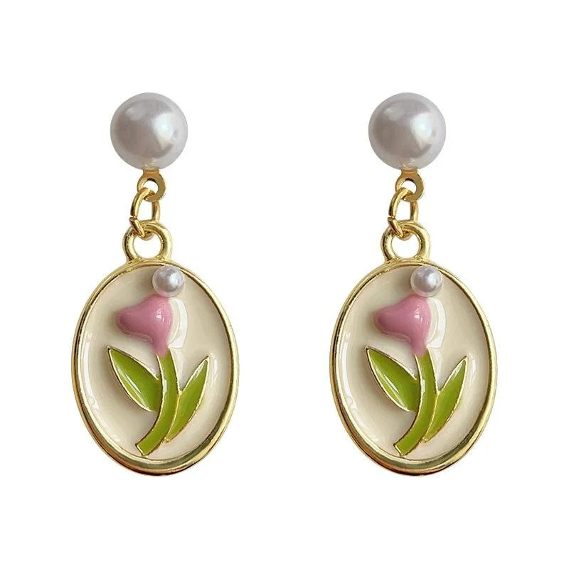 14K Gold Plated Copper Pearl Tulip Enamel Drop Earrings Forest Style Sweet Floral Jewelry