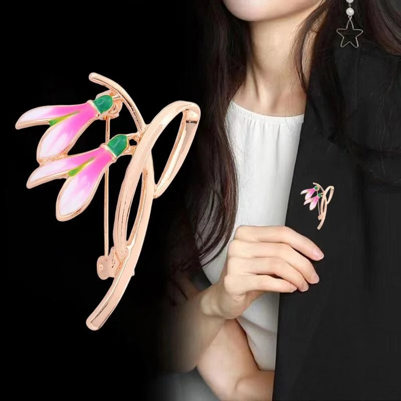 Elegant Pink Enamel Snowdrop Flower Brooch Rose Gold Alloy Floral Lapel Pin Corsage Suit Accessory Gift