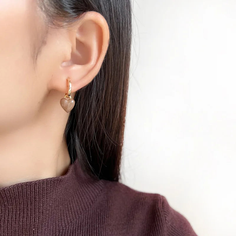 Elegant Coffee Brown Enamel Heart Charm Gold Alloy Stud & Clip On No Piercing Hoop Drop Earrings