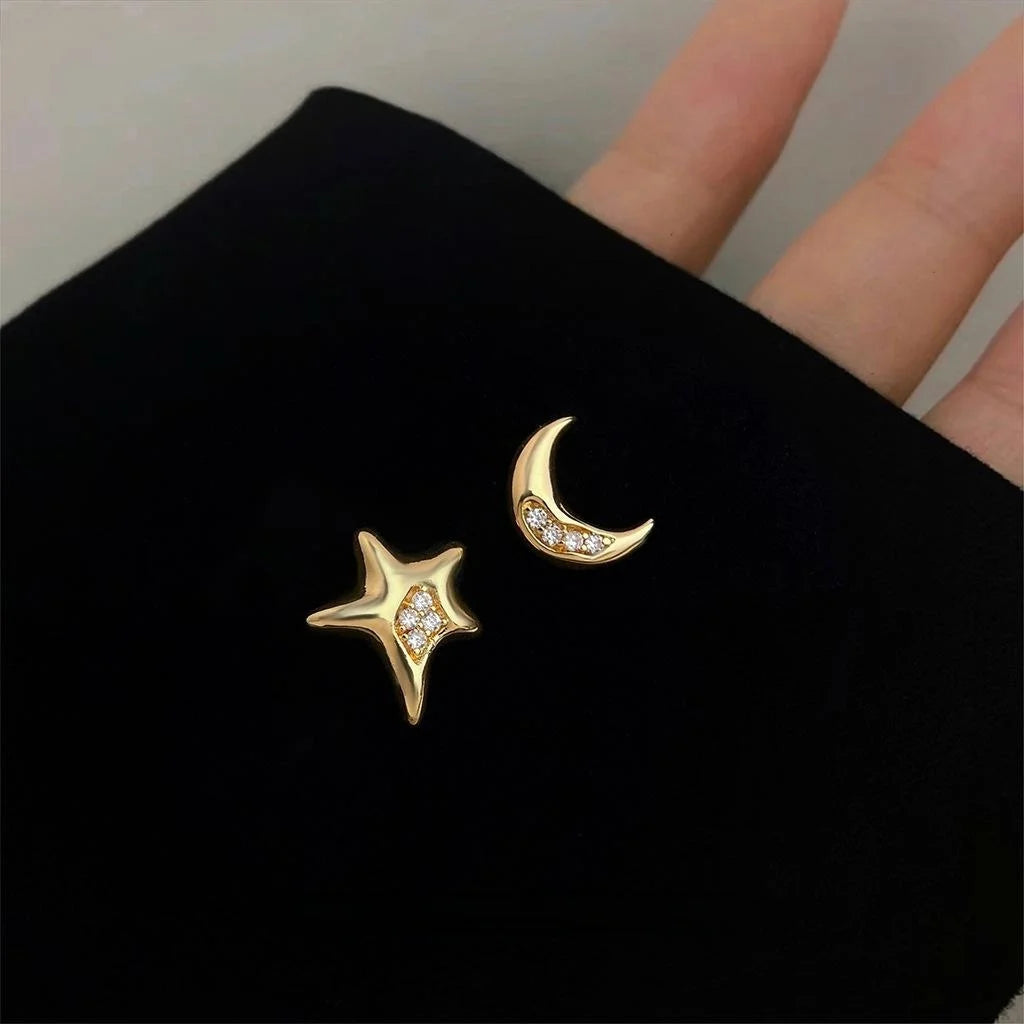 Original Asymmetric Star Moon Micro Pave Zircon Copper Stud Earrings For Women
