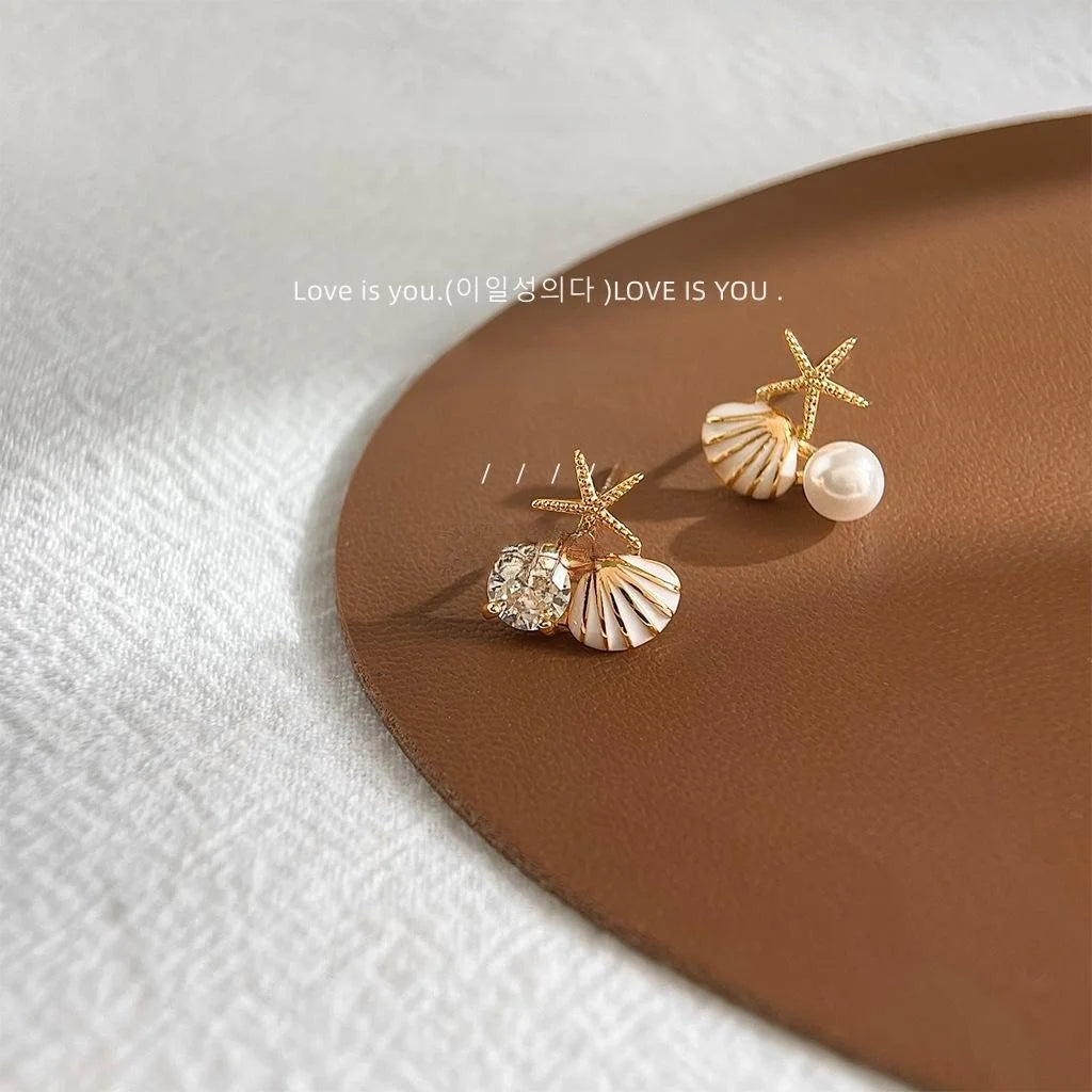 14K Plated Copper Micro Pave Zircon Asymmetric Starfish Stud Earrings, Niche Shell Design
