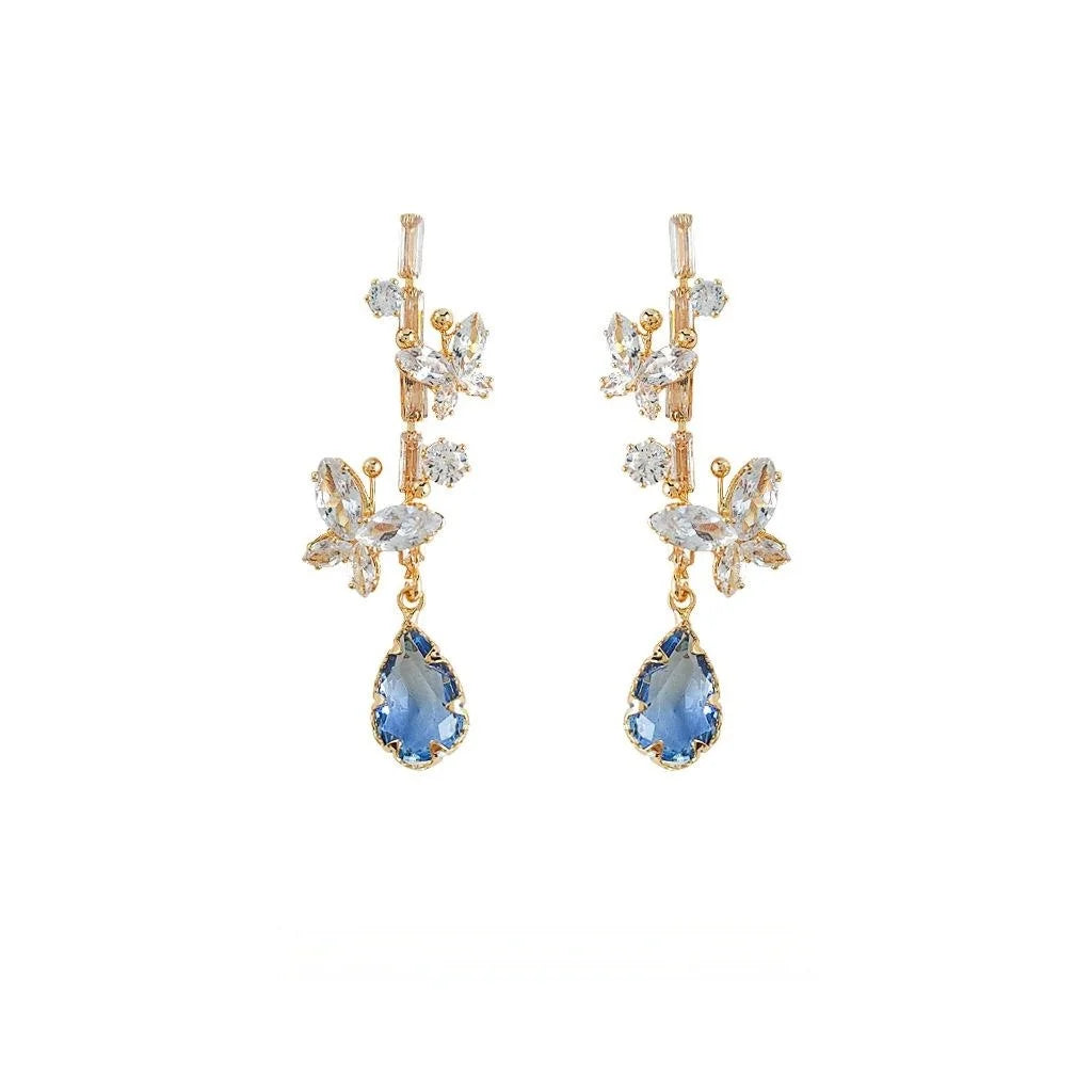 14K Plated Copper Butterfly Waterdrop Zircon Glass Crystal Stud Earrings