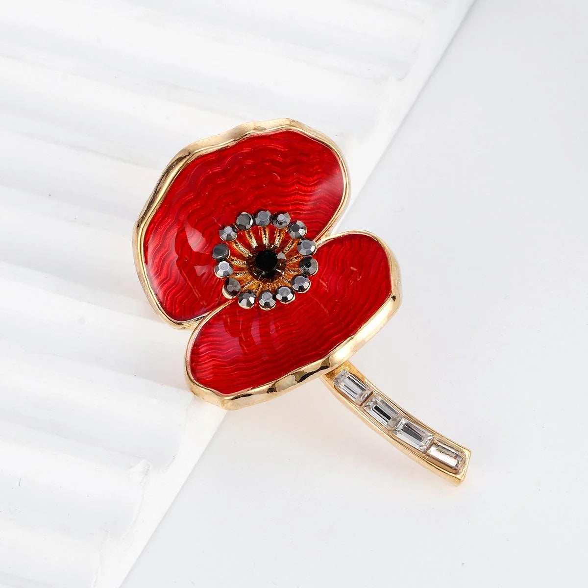 Elegant Red Enamel Poppy Flower Brooch With Rhinestone Center, Women's Alloy Lapel Pin Suit Corsage Gift