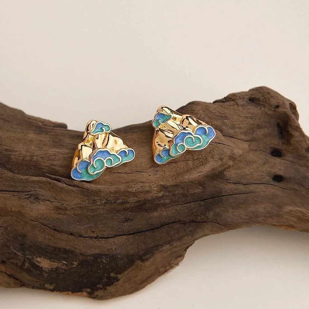 New Chinese Style Geometric Mountain Cloud Painted Enamel Copper Stud Earrings