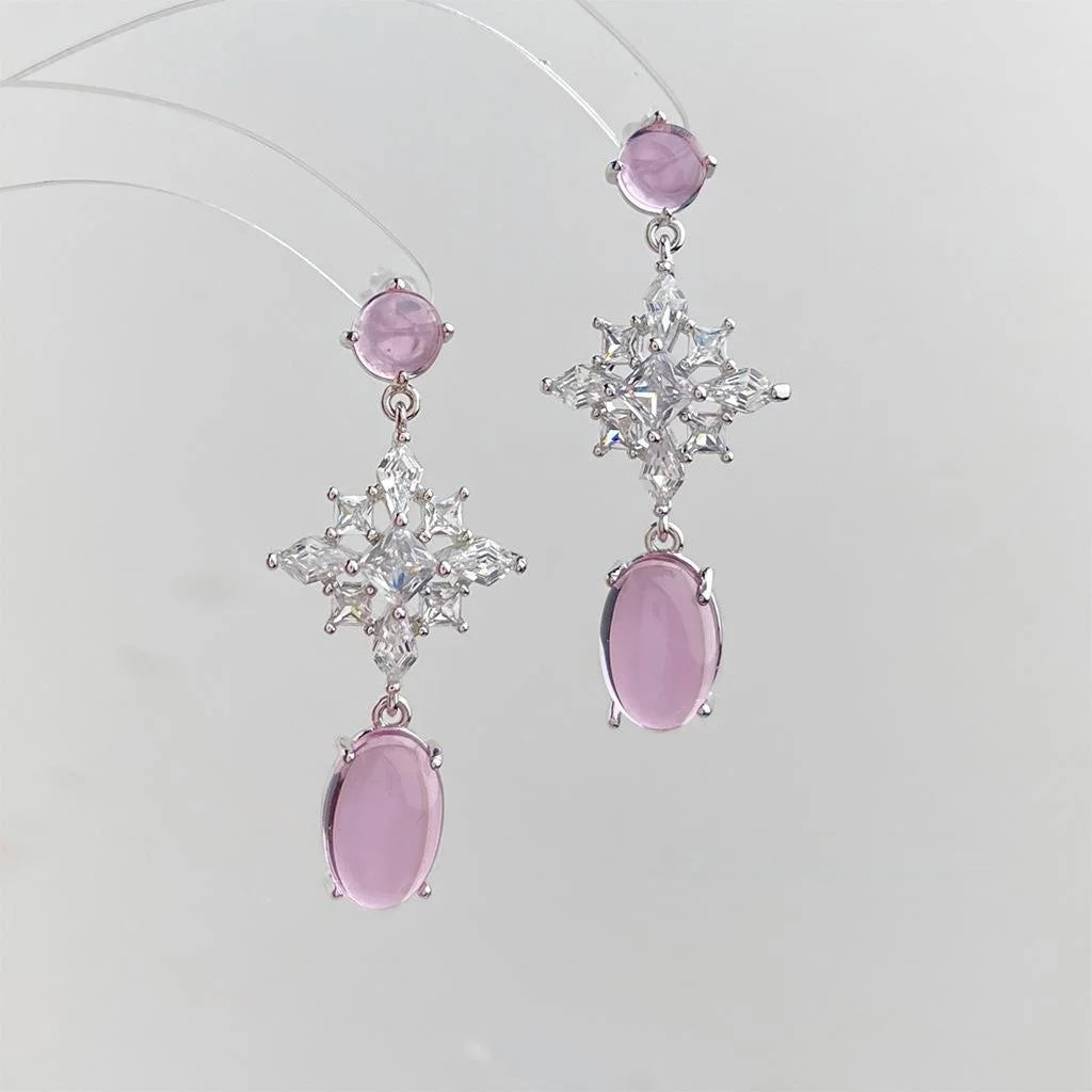 Chic Pink Zircon Flower Snowflake Long Tassel Drop Earrings With Copper