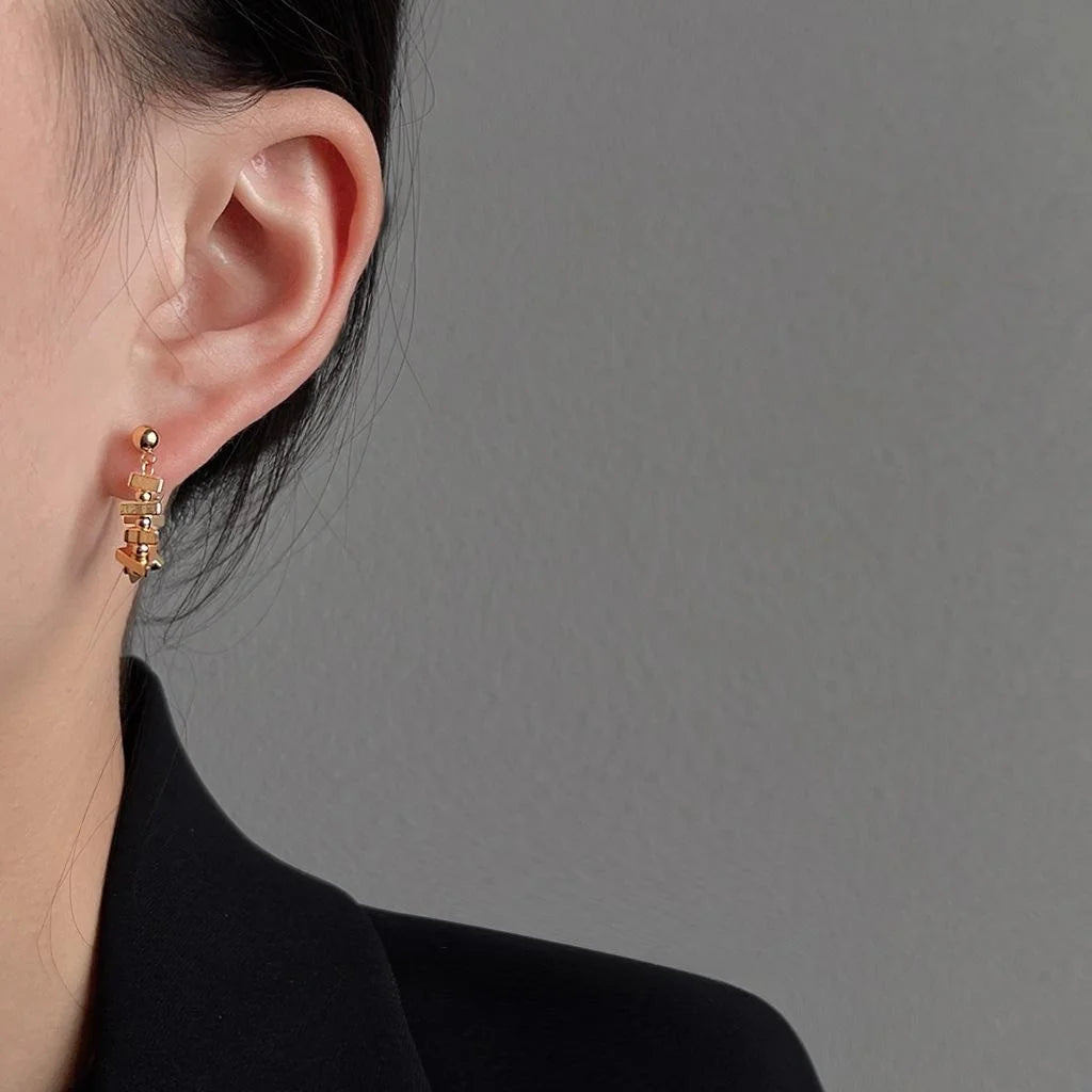 Vintage Copper Geometric Square Chain Stud Earrings, Handmade Light Luxury Commuter Jewelry
