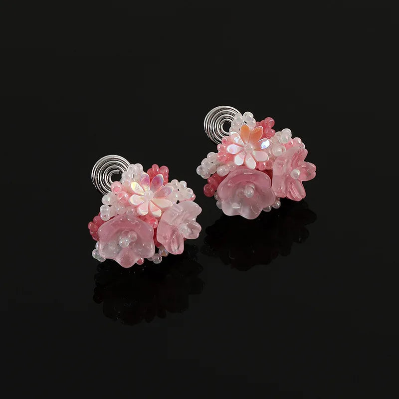 Elegant Pink Beaded Flower Alloy Stud & Clip On No Piercing Handmade Spiral Pearl Drop Earrings