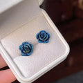 French Vintage Blue Rose Resin Stud Earrings, Frosted Glitter Floral Jewelry