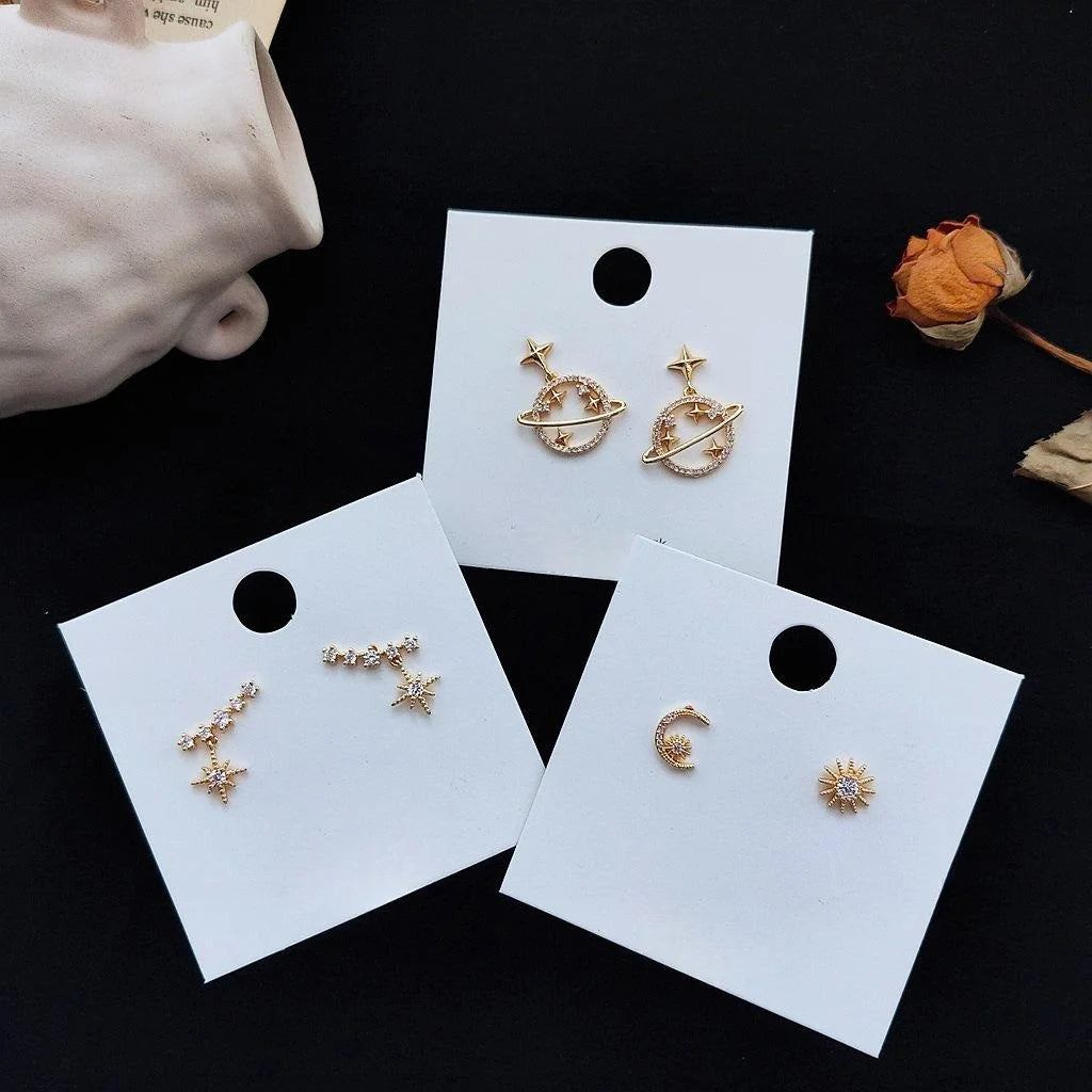 14K Gold Plated Zircon Star Moon Asymmetric Micro Pave Stud Earrings For Women
