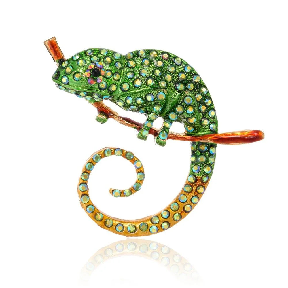 Luxury Colorful Enamel Chameleon On Branch Brooch With Rhinestones, Animal Lizard Lapel Pin Gift