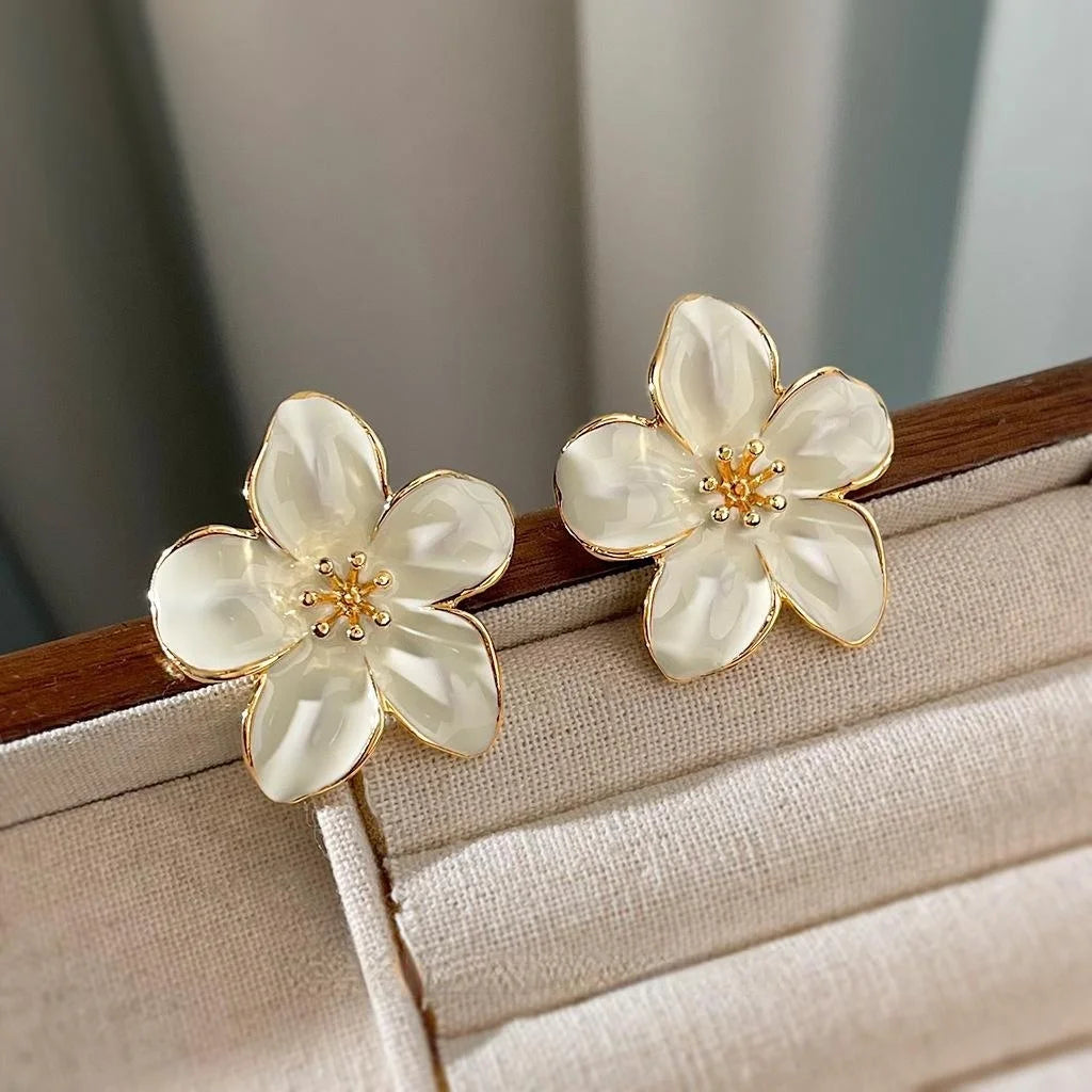 Summer Elegant Oversized White Enamel Flower Drop Earrings Sweet Forest Style Eco Copper Jewelry