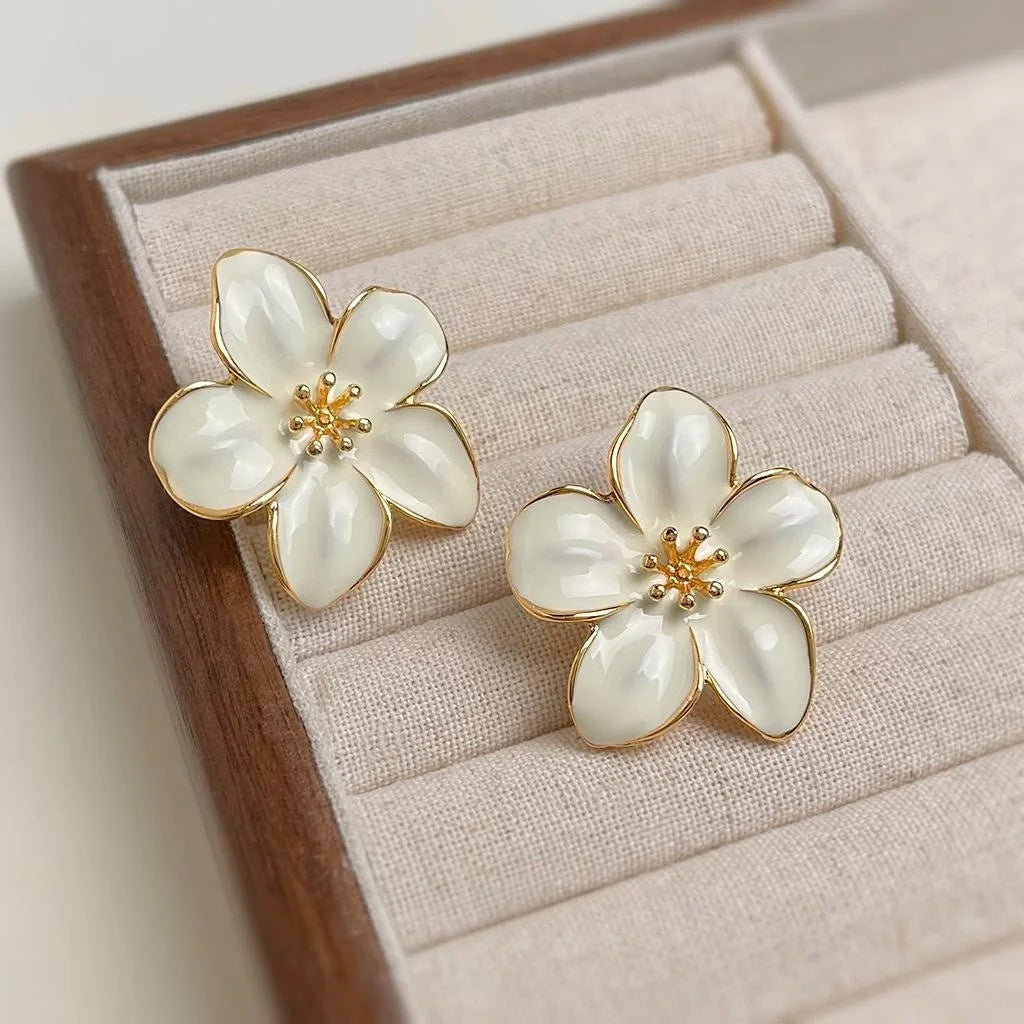 Summer Elegant Oversized White Enamel Flower Drop Earrings Sweet Forest Style Eco Copper Jewelry