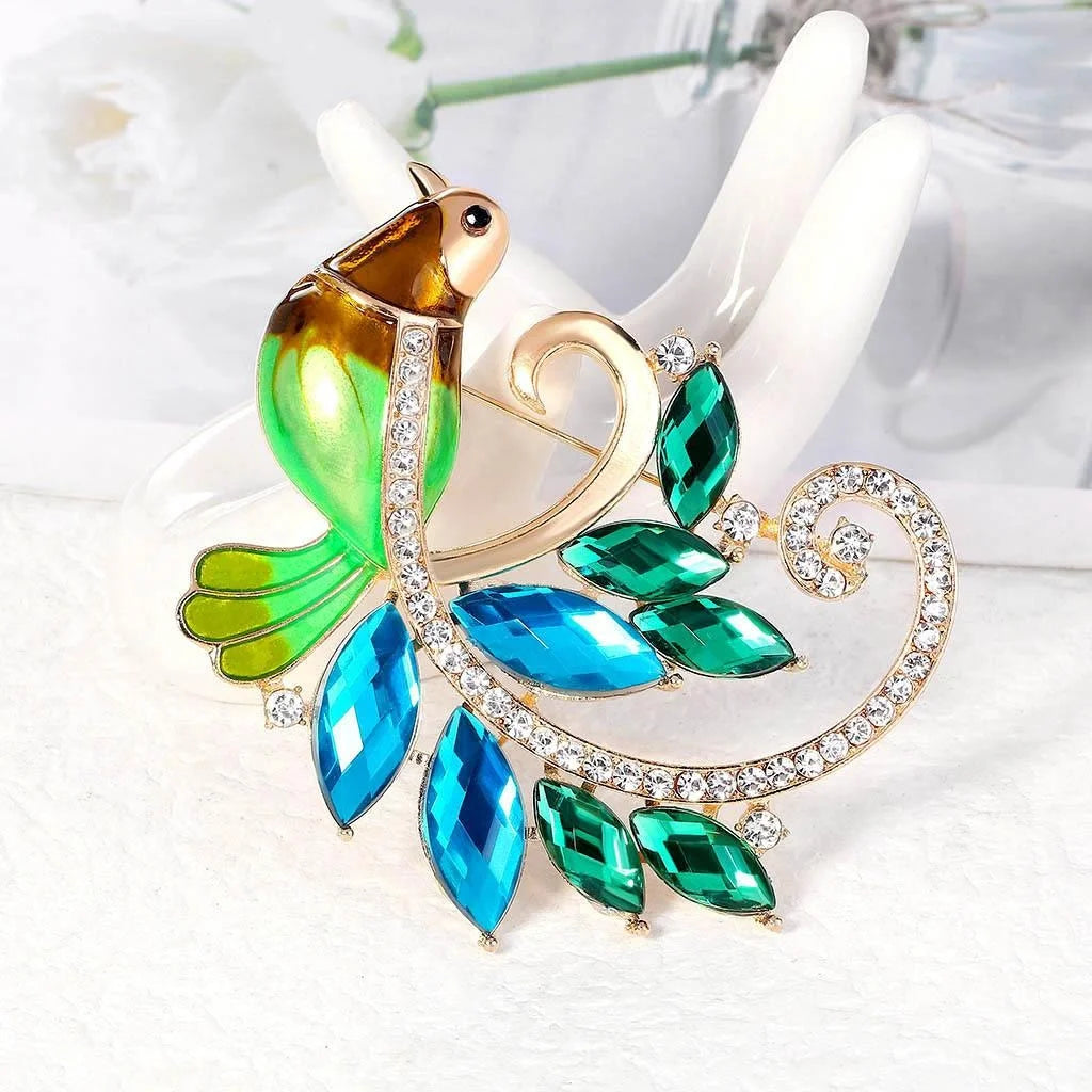 Elegant Green Phoenix Bird Brooch With Rhinestone Enamel Alloy Lapel Pin Corsage For Evening Dress Gift
